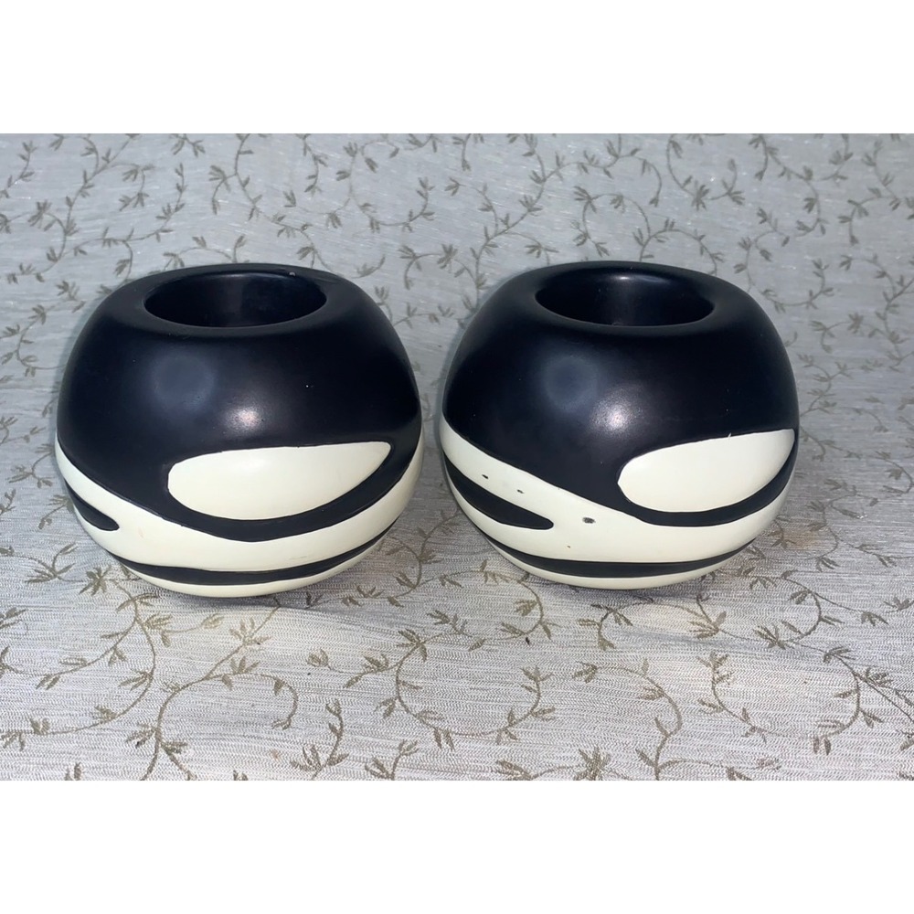 PartyLite African Inspiration Retired Ceramic Candle Holder Set of 2 Black White - Picture 2 of 14